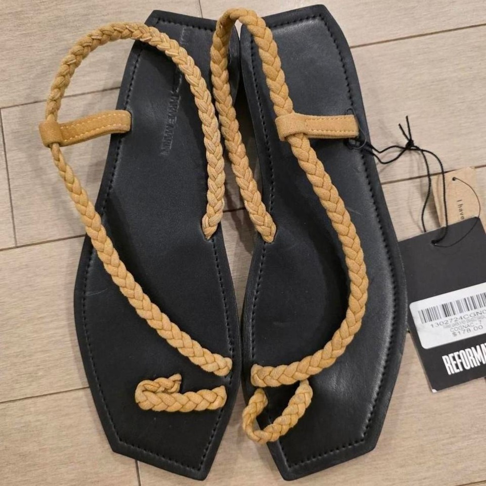 Reformation Menorca Braided Flat Sandal Cognac Square Toe 1302724CGN Size 7